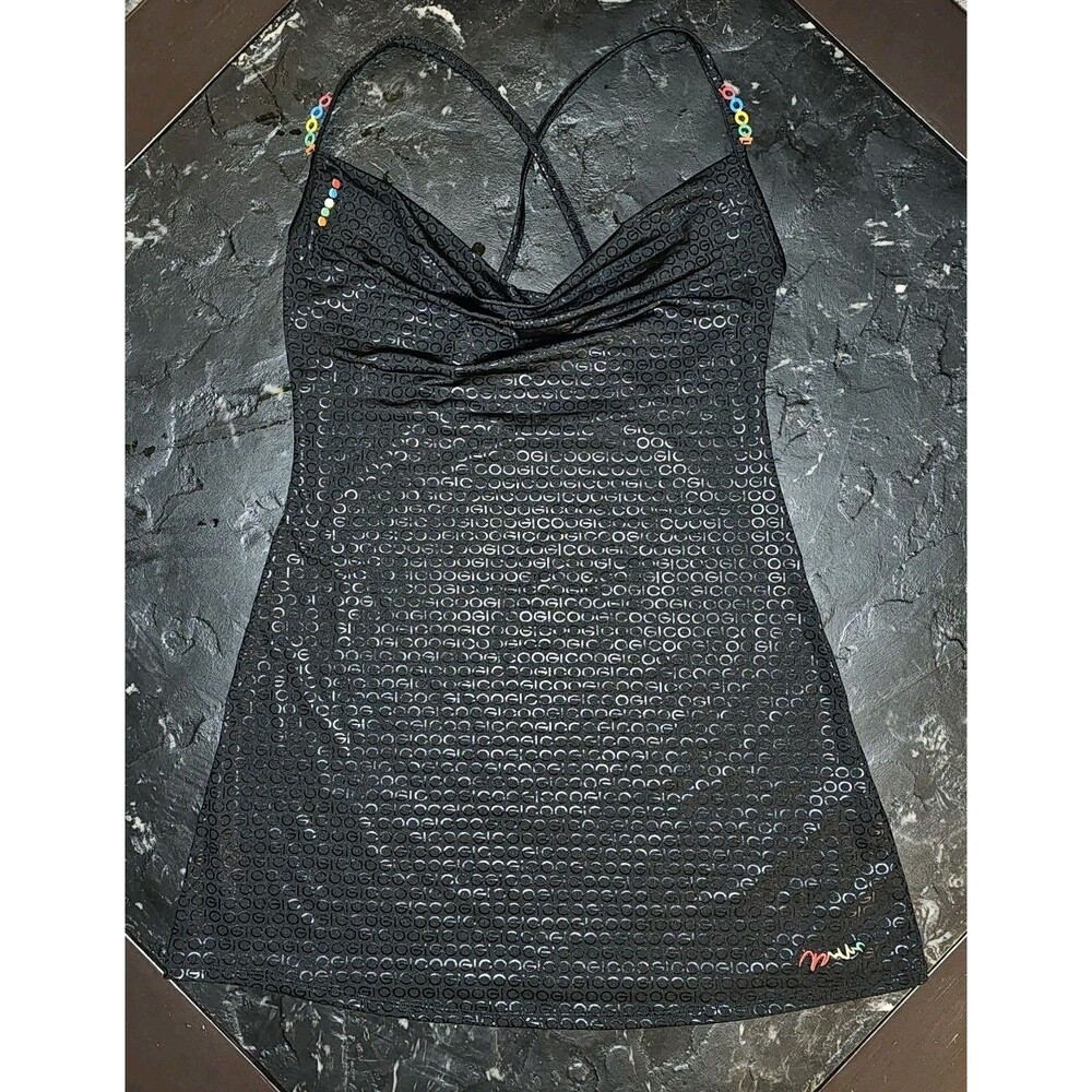COOGI Black Logo Slip Dress Womens Small Y2K Mini Halter Swim Cover Up Shiny
